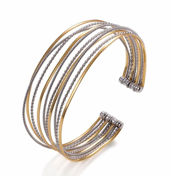 Two-tone open design multi twisted strings cuff bangles in 925 silver 